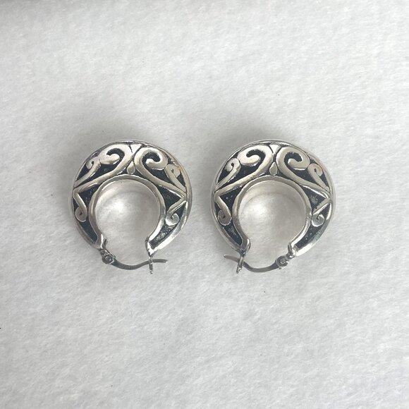 Sterling Silver 925 1" Scrollwork Bali Style Chunky Hoop Earrings Hinged Post - Picture 7 of 16